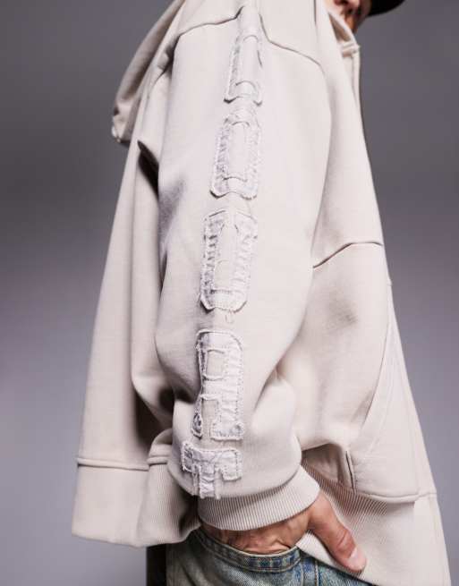 Courtside zip through 450 gsm hoodie with contrast sleeve logo in cream, 3 of 4