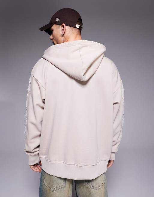 Courtside zip through 450 gsm hoodie with contrast sleeve logo in cream, 4 of 4