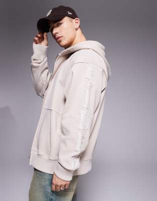 zip up 450 gsm hoodie with contrast sleeve logo in cream-White