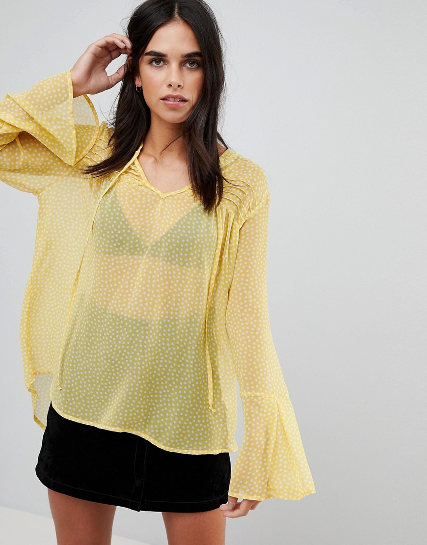 Crescent Polka Dot Front Tie Bell Sleeve Blouse-Yellow
