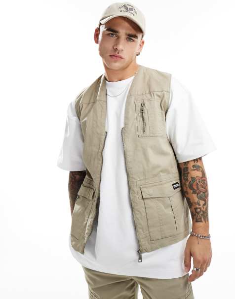 Criminal Damage cargo vest with army pockets in light khaki  - view 1
