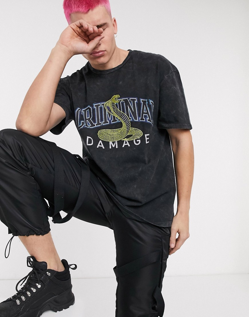 Criminal Damage - College - T-shirt nera con serpenti-Nero