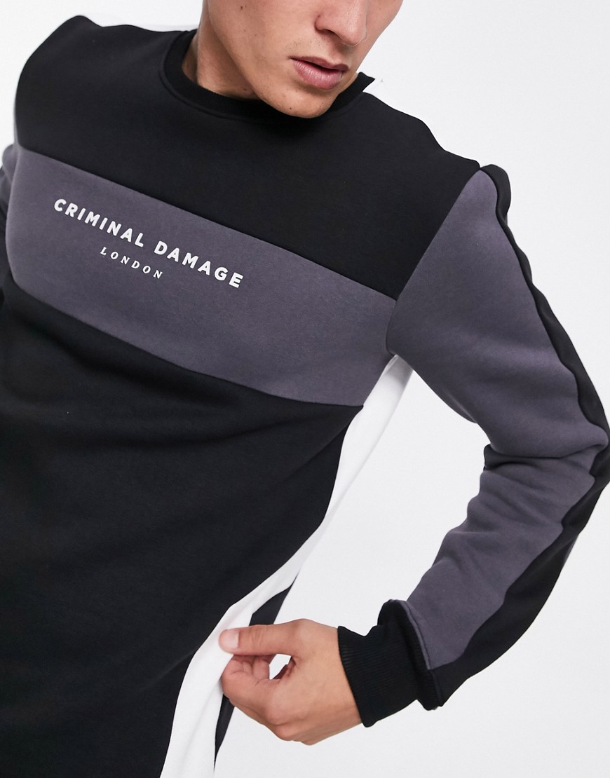 Criminal Damage colorblock sweatshirt in black and gray