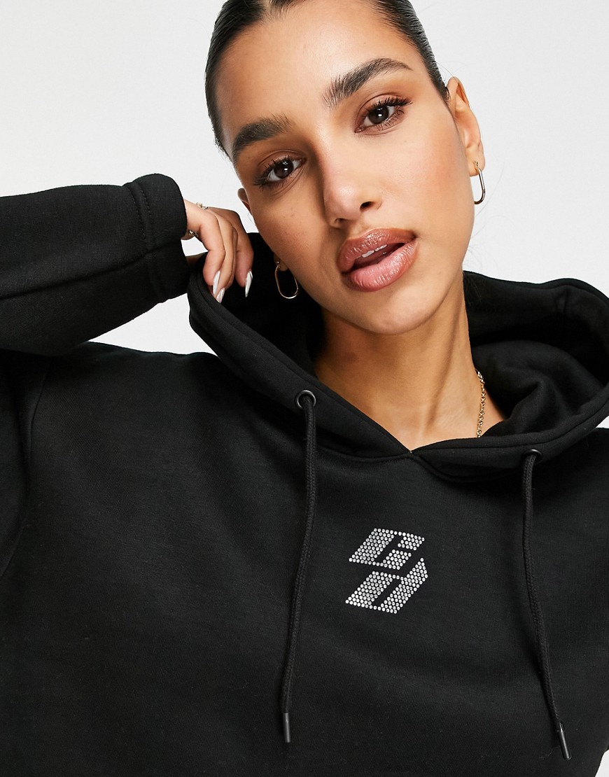 Criminal Damage cropped hoodie with rhinestone embellished logo in black