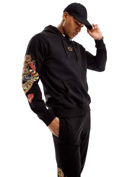 Criminal Damage dragon detail embriodery hoodie in black - view 1