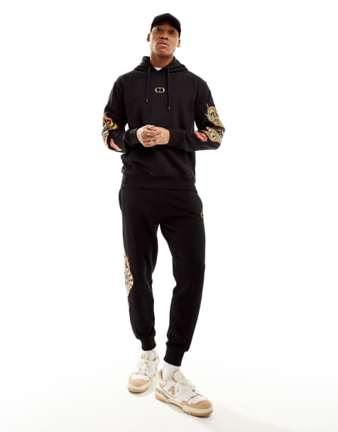 Criminal Damage dragon detail embriodery hoodie & joggers in black - view 1