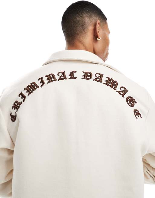 Criminal Damage Embroidered drop shoulder flannel shirt in ecru