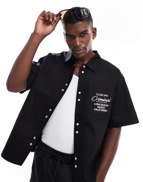 Criminal Damage Embroidered short sleeve shirt in black - view 1