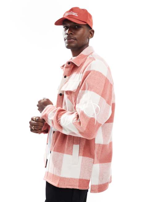 Criminal Damage Embroidered sleeve check shirt in pink/ecru