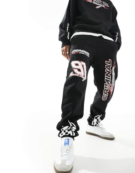 Criminal Damage heavyweight hoodie & joggers with racing graphics in black - view 1