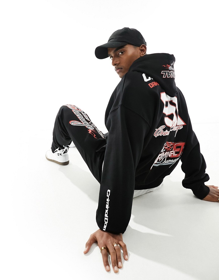 Criminal Damage heavyweight hoodie with racing graphics in black