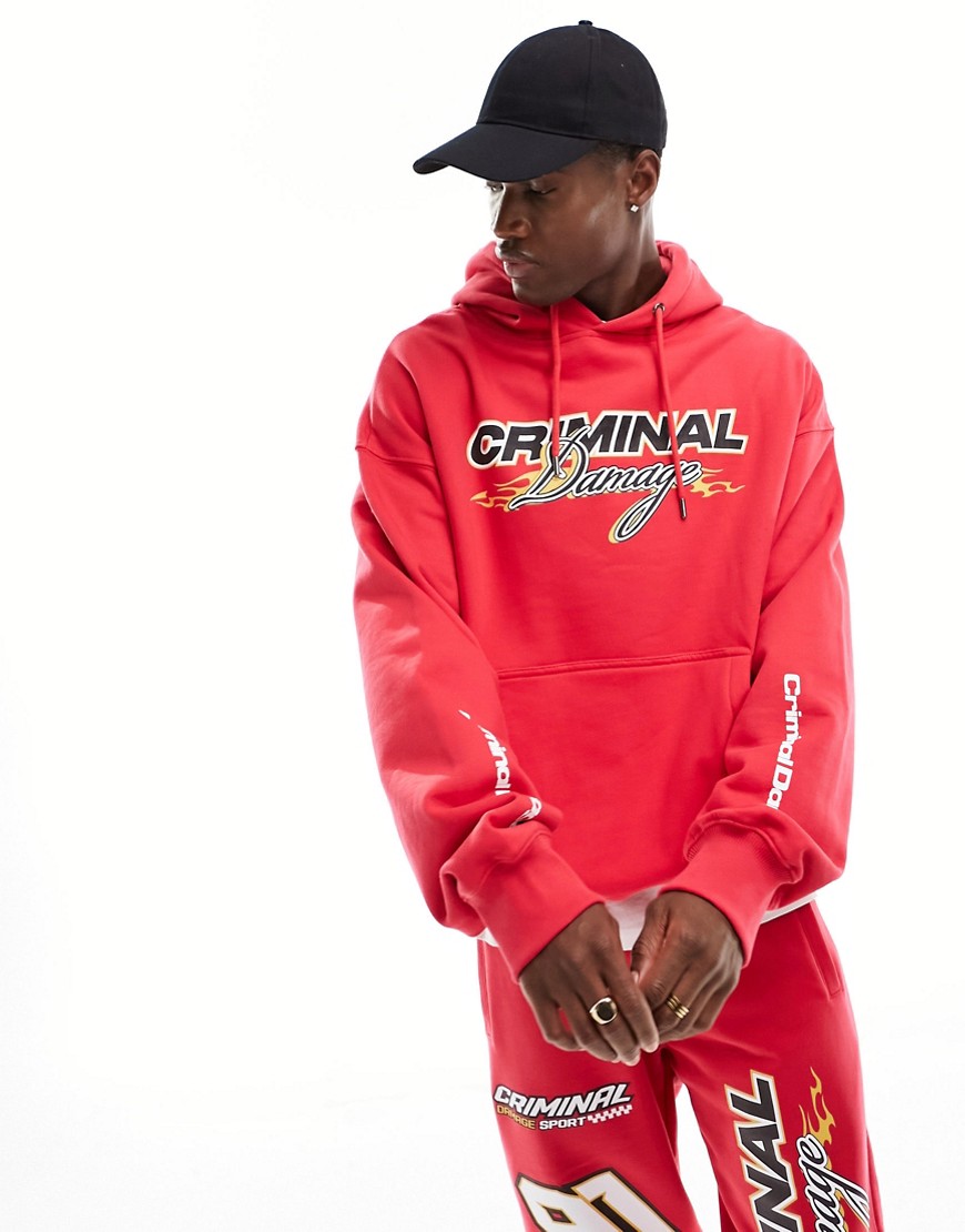Criminal Damage heavyweight hoodie with racing graphics in red