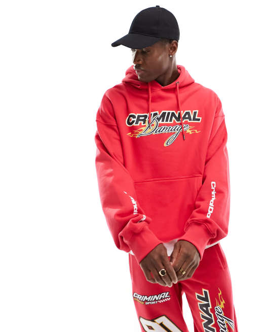 Criminal Damage heavyweight hoodie with racing graphics in red