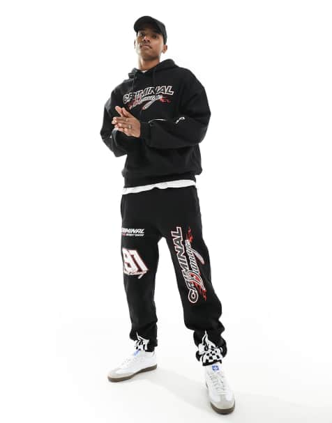 Criminal Damage heavyweight jogger with racing graphics in black - view 1