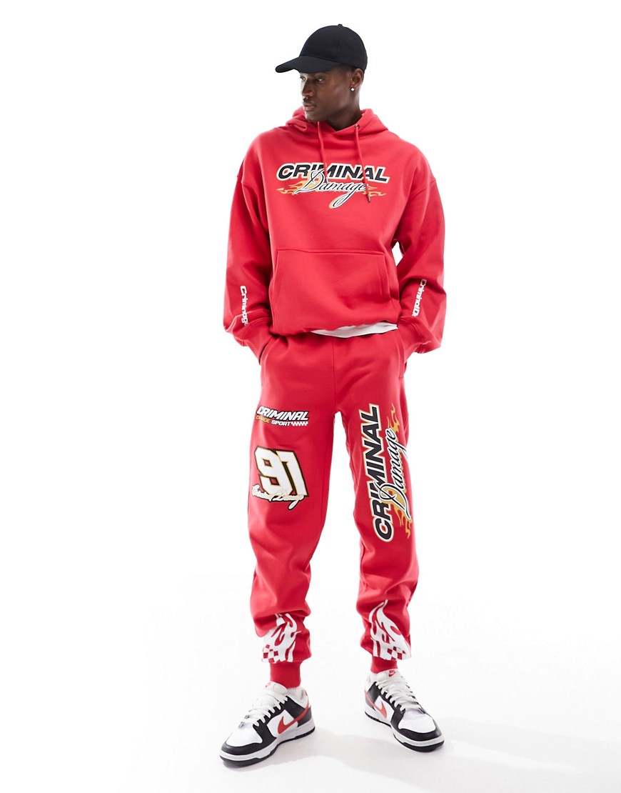 Criminal Damage heavyweight jogger with racing graphics in red