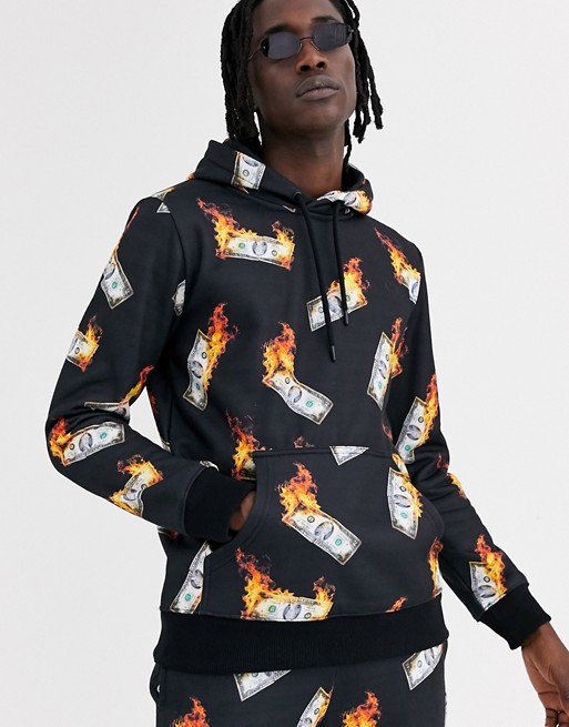 Criminal Damage hoodie in flaming money print
