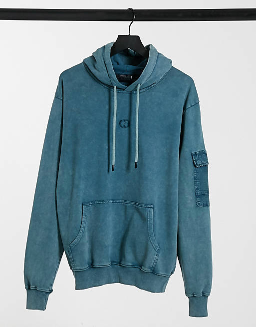  Criminal Damage hoodie with MA1 utility pockets in washed blue 