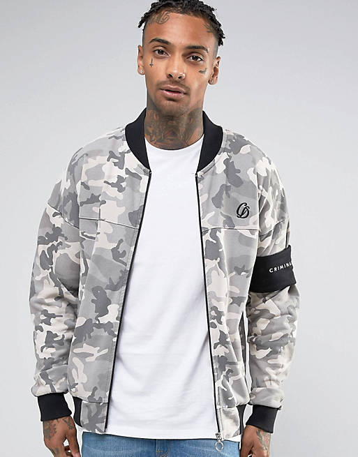 Criminal Damage Jersey Bomber Jacket In Grey Camo With Arm Band | ASOS