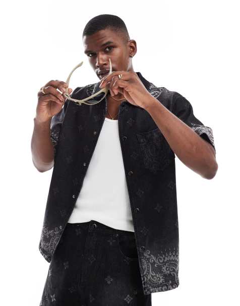 Criminal Damage Laser print denim shirt in washed black - view 1