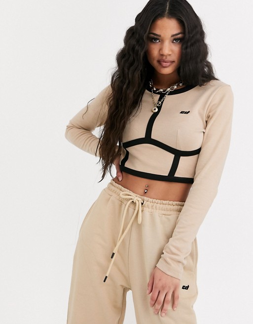 Criminal Damage long sleeve crop top with contrast panels co-ord