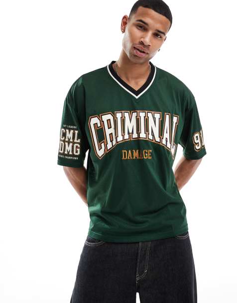 Criminal Damage Mesh v neck jersey in green - view 1