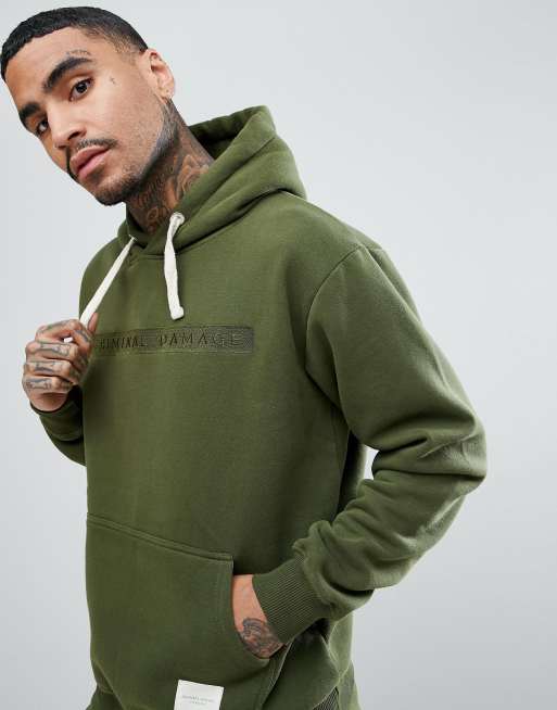 Criminal Damage Muscle Logo Hoodie In Khaki