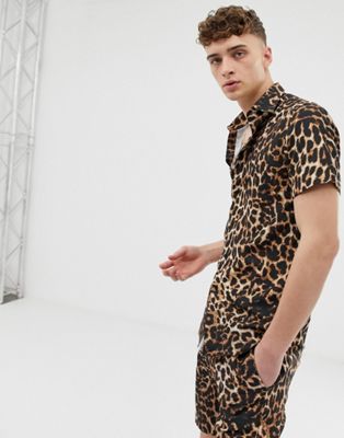 Criminal Damage - Overhemd met luipaardprint combi-set-Bruin