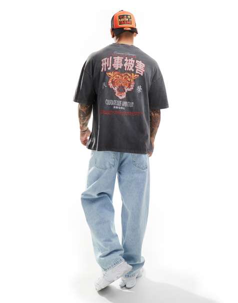 Criminal Damage oversized graphic t-shirt with front embriodery in black wash