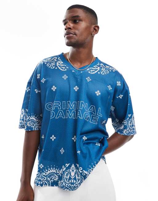 Criminal Damage Paisley mesh top in blue/white