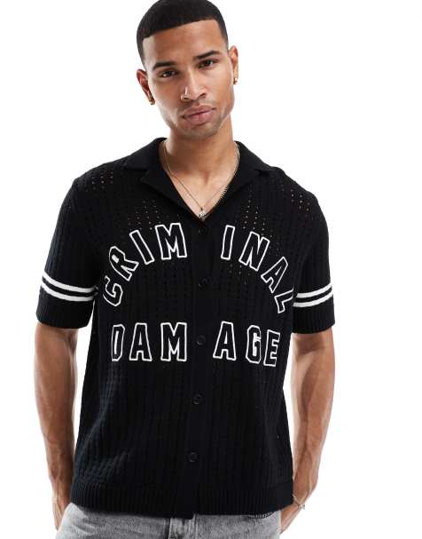 Criminal Damage Pointelle revere collar shirt in black - view 1