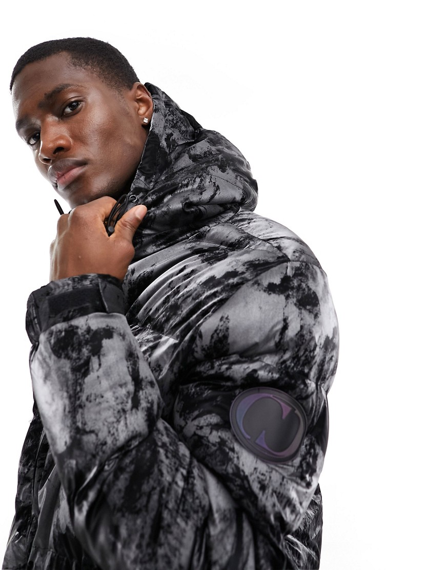 Criminal Damage puffer jacket with all over graphic print in black