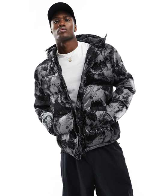 Criminal Damage puffer jacket with all over graphic print in black