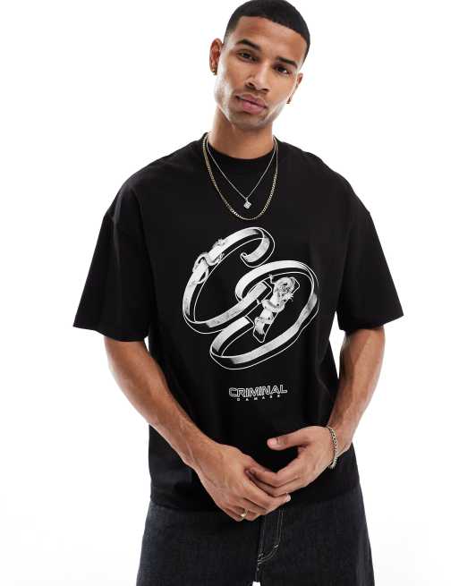 Criminal Damage Ribbon logo tee black in black