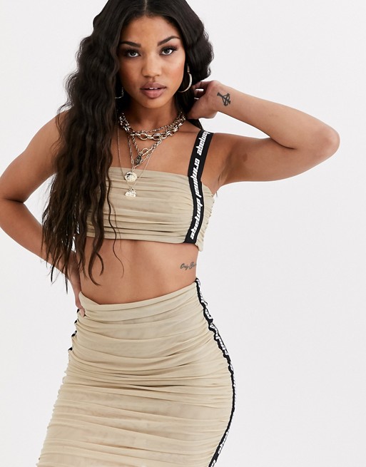 Criminal Damage ruched mesh crop top with contrast taping co-ord