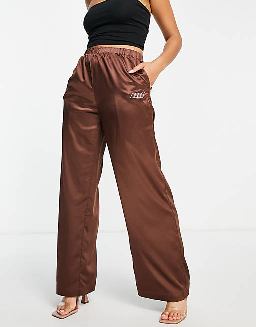 Criminal Damage satin wide leg trousers co-ord in chocolate brown