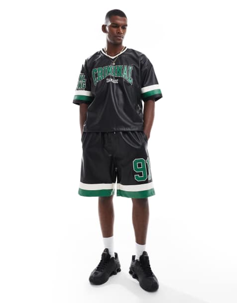Criminal Damage Stadium leather shorts in black/green/white - view 1