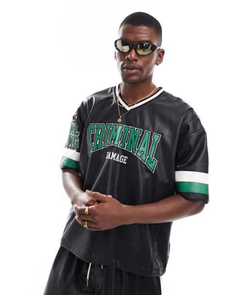 Criminal Damage Stadium leather v neck in black/green/white - view 1