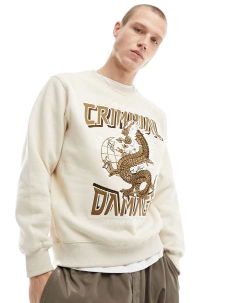 Criminal Damage sweatshirt with large dragon embriodery in off white - view 1