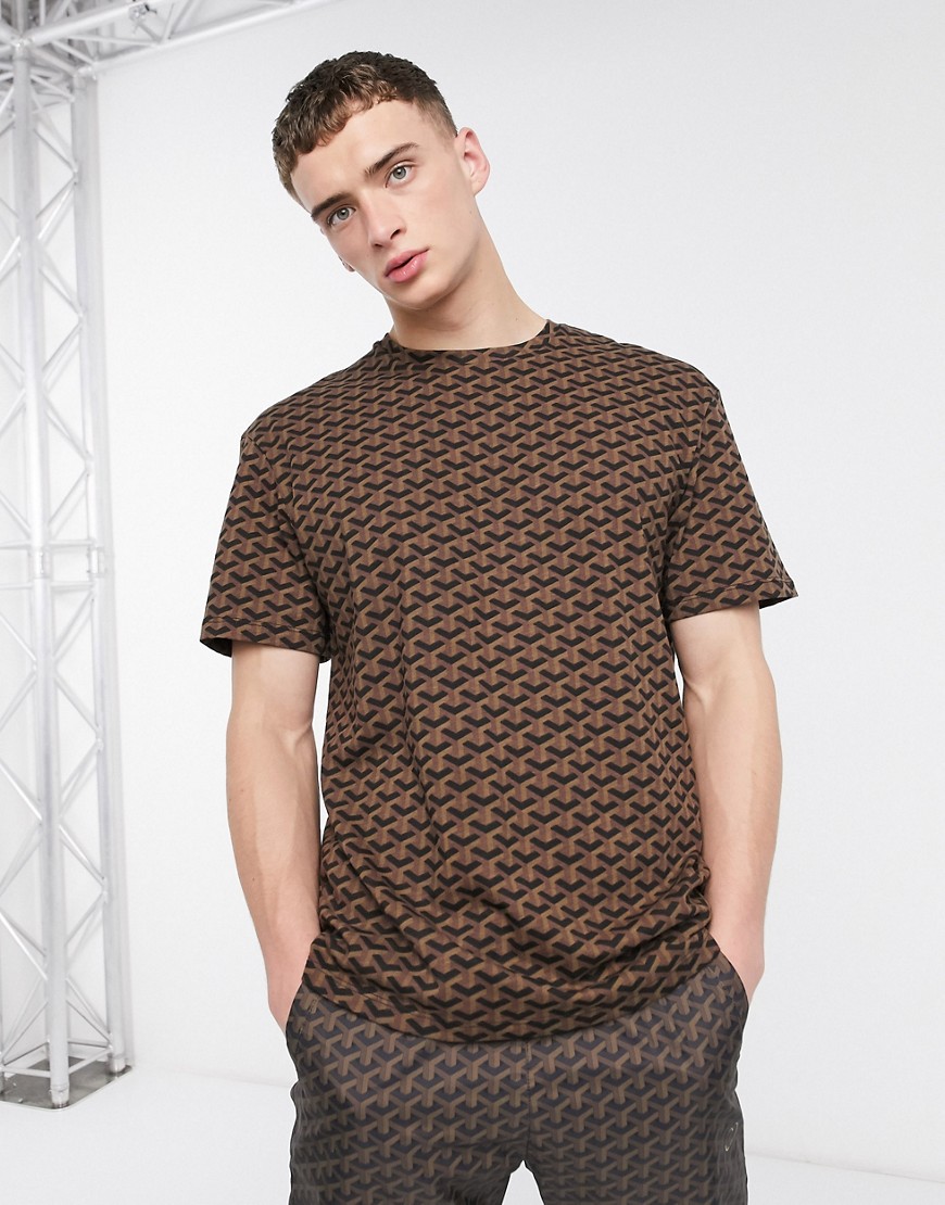 Criminal Damage - T-shirt in bruin met geometrisch patroon-Zwart