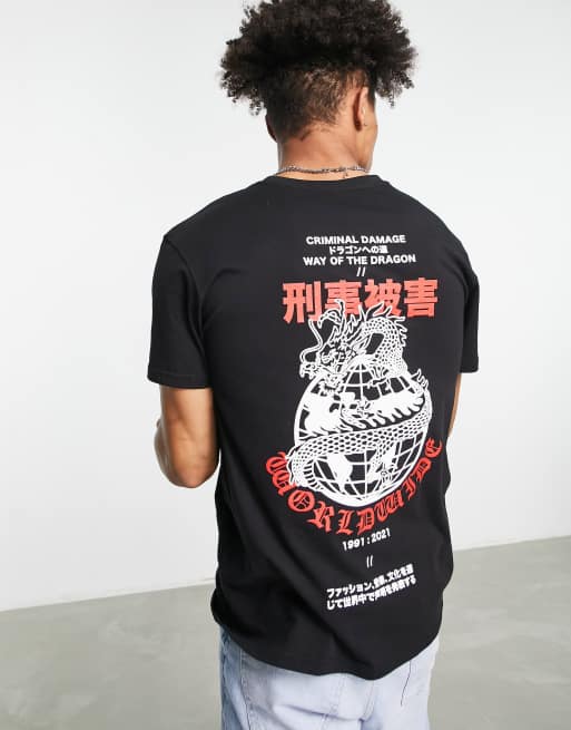 Criminal Damage – T-Shirt in Schwarz mit Drachen-Print auf dem Rücken