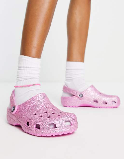 Pink glitter store crocs women's