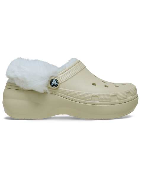 Crocs – Classic – Clogs in Knochenbeige mit Plateausohle und Fleecefutter - view 1