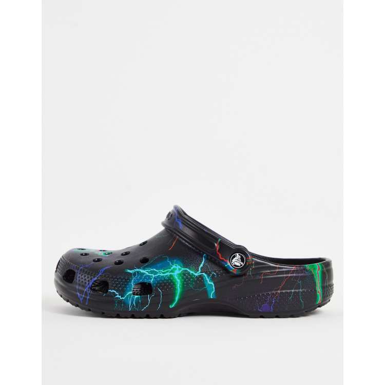 Blue and black online lightning crocs