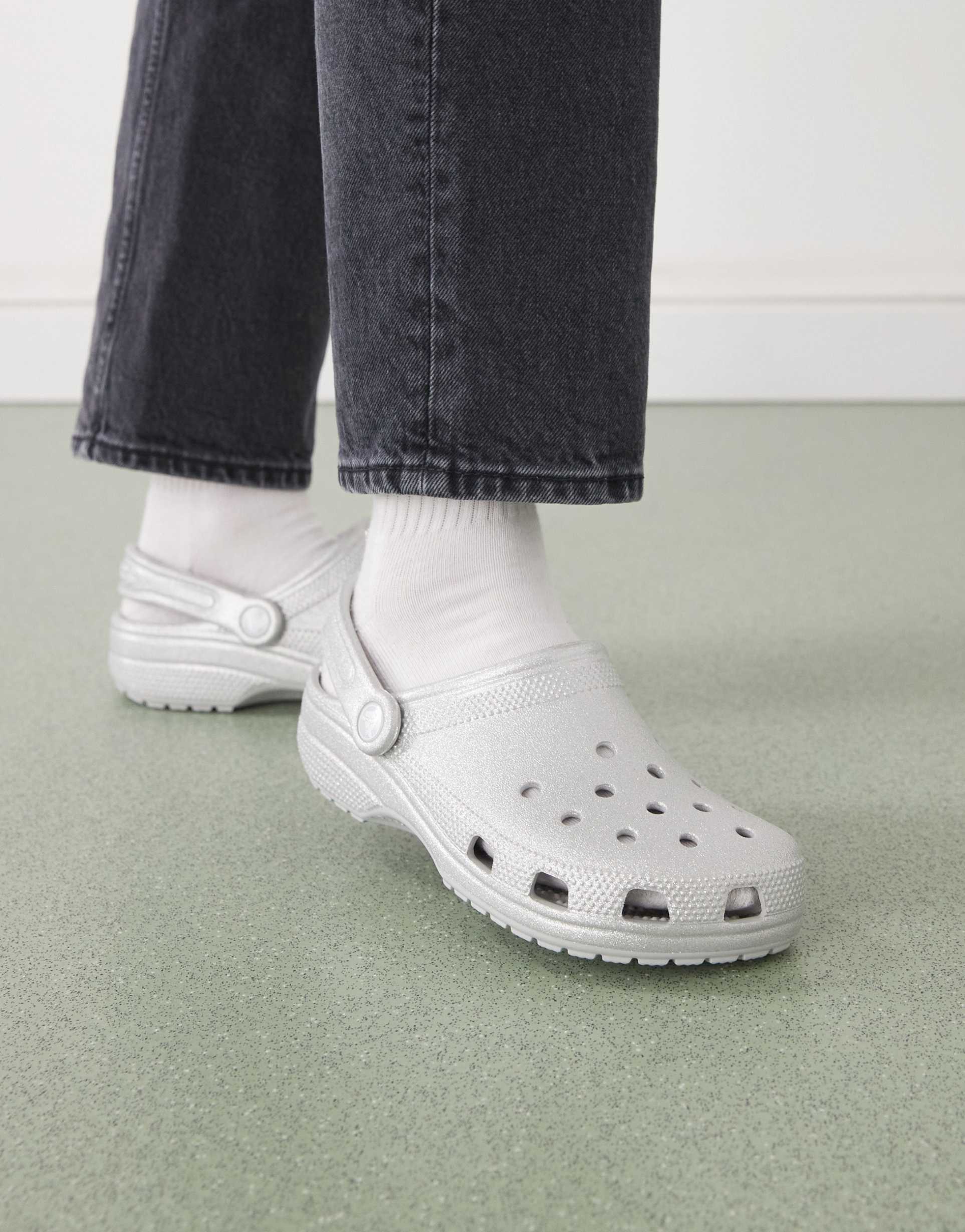 crocs classic clogs in silver glitter