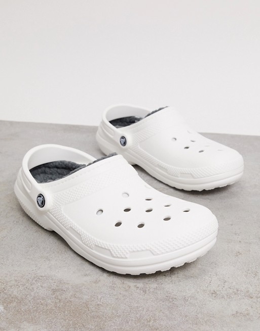 Crocs classic fur lined clogs in white and grey