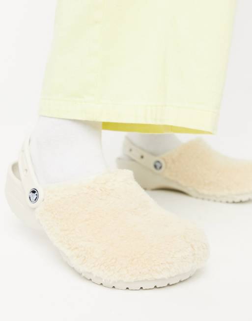 Crocs classic fuzz mania clogs in cream hot sale