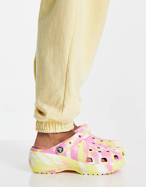 Crocs classic platform clogs in pink and yellow marble