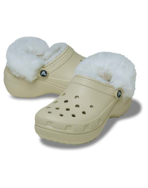 Crocs Classic platform fleece lined clog in bone, 2 of 4