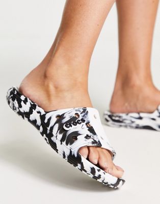 Crocs classic slide flat sandals in monochrome marble