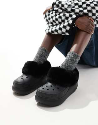 Crocs Furever Crush faux fur lined clogs in black